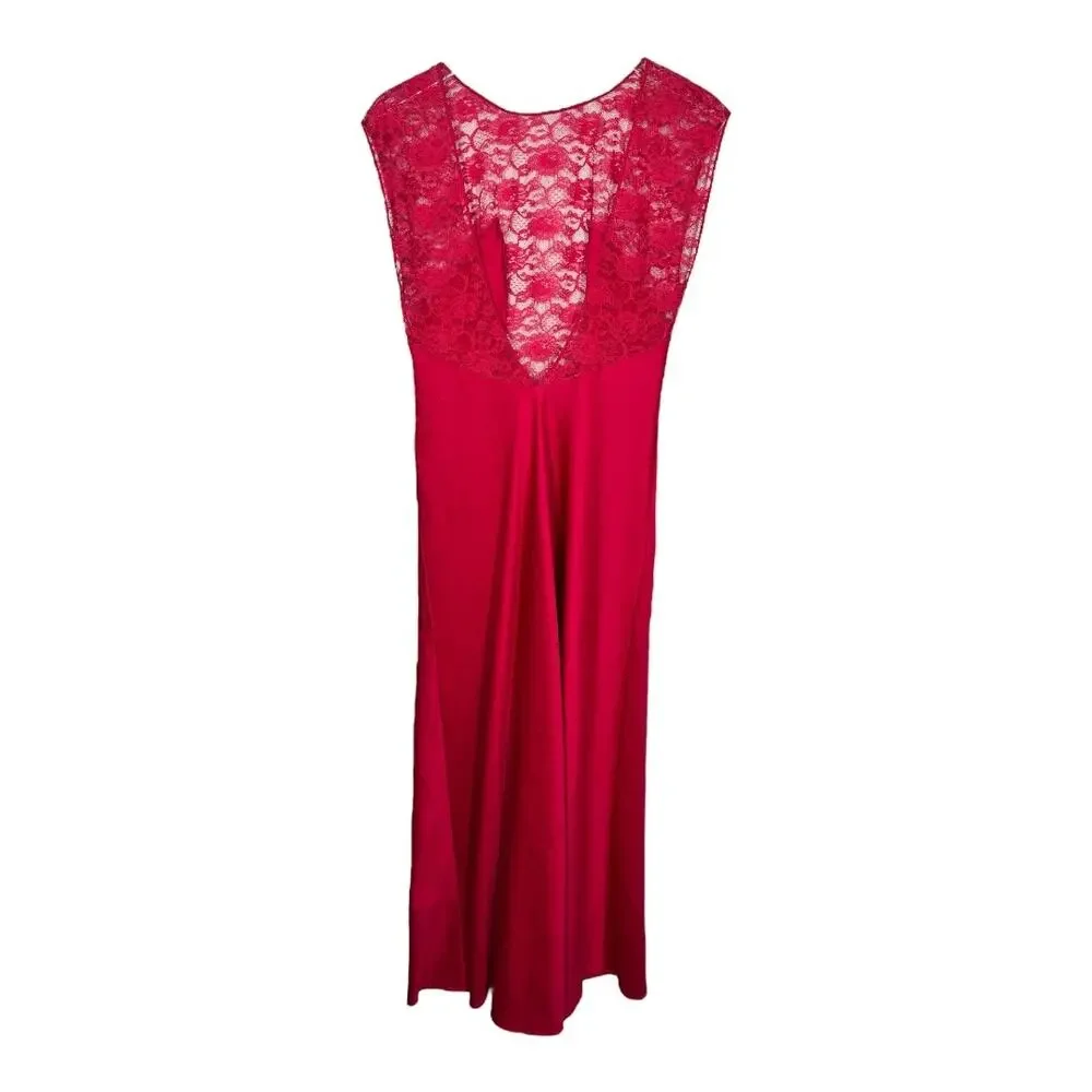 Vintage Linda Lingerie Nightgown Red Silky Nylon Lace Small Slip Dress Long - Picture 2 of 5